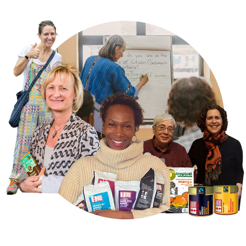 collage of citizen consumers holding various Equal Exchange products