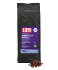 Front of Organic Dark City Roast 1kg coffee bag with dark roasted beans