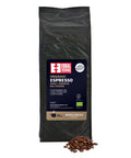 front of Organic Espresso dark roast 1kg coffee bag with a pile of roasted beans