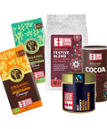 collection of 2 chocolate bars, 1 bag of coffee, 1 jar of set honey, 1 can of cocoa