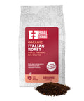 front of Organic Italian Roast coffee bag with pile of ground coffee