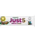 Front of organic Just 5 date and cocoa snack bar