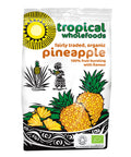 A bag of Tropical Wholefoods fairly traded organic dried pineapple that reads 100% fruit bursting with flavour