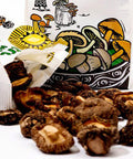 open Tropical Wholefoods bag with dried shiitake mushrooms spilling out